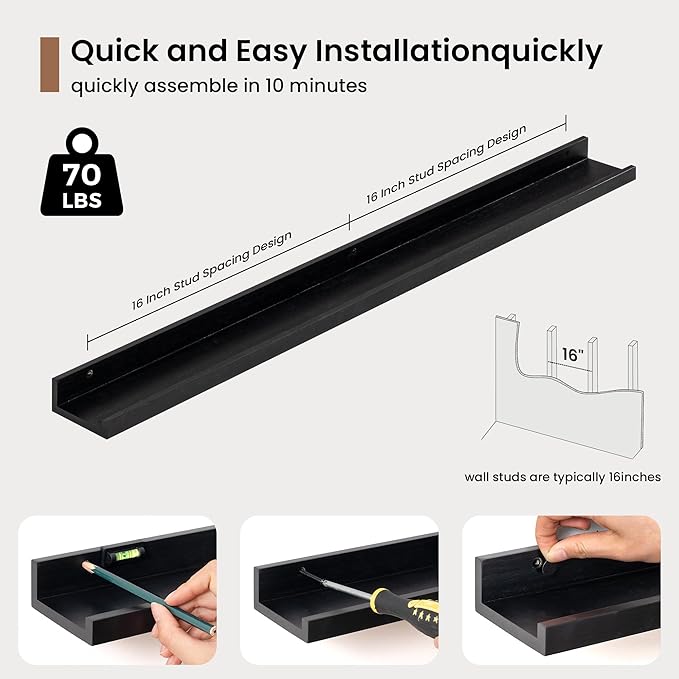 Picture Ledge Shelf, Solid Pine Wood Floating Shelves Set of 2, 36 Inches Nursery Book Shelves for Toys Storage, Kids Bookshelf Wall Mounted for Living Room Bedroom Decor Books Photo Frames, Black