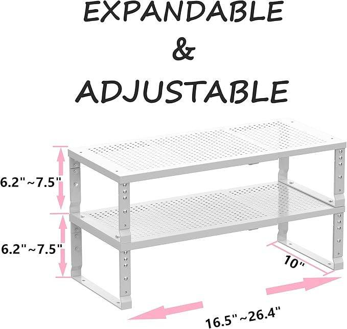Metal Stackable Expandable Storage Shelf - Multi-Functional Home Storage Shelf, Suitable for Kitchen, Cabinet，Bathroom, Office, Garage, etc.（2PACKS/White/Large