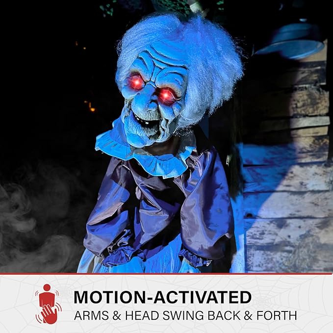 Haunted Hill Farm Lifesize Animatronic Scary Old Lady Zombie with Motion Activated Lights and Sound, Battery-Operated Indoor or Covered Outdoor Halloween Decoration