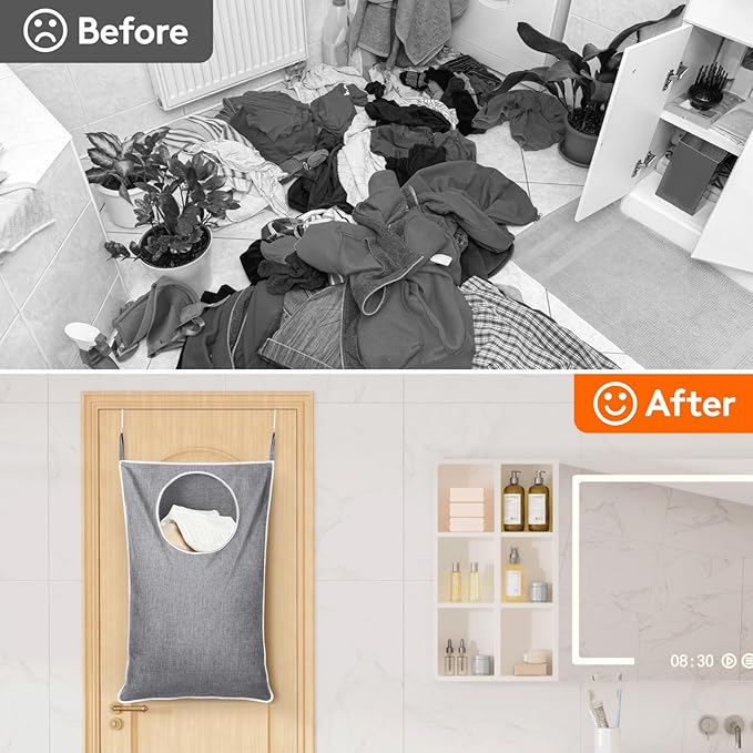 Lifewit Over Door Laundry Hamper, Large Collapsible Hanging Laundry Hamper, Hanging Laundry Basket Bag for Bathroom Bedroom Dirty Clothes Storage Organizer, Light Gray
