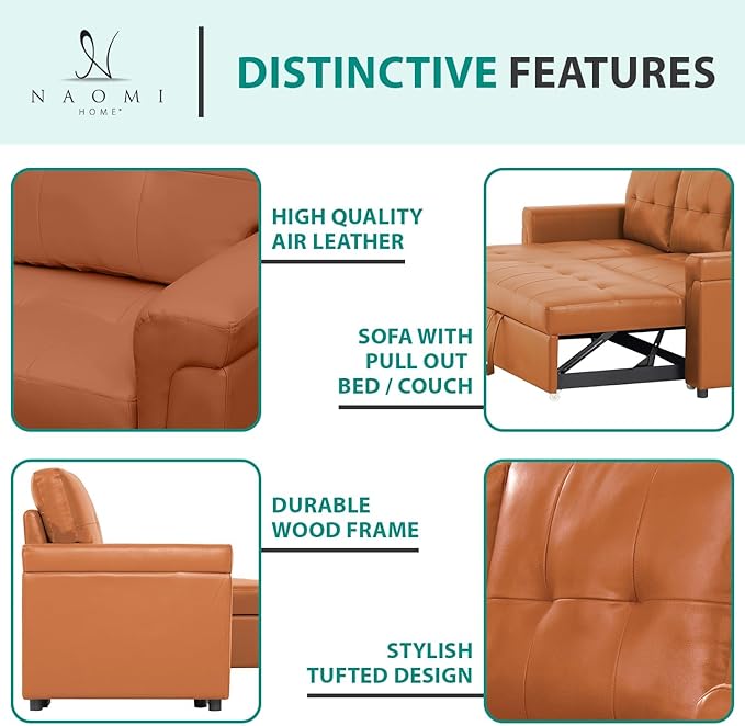 Naomi Home L-Shaped Reversible Sectional Sofa with Pull-Out Sleeper Bed and Storage Chaise, Caramel Air Leather