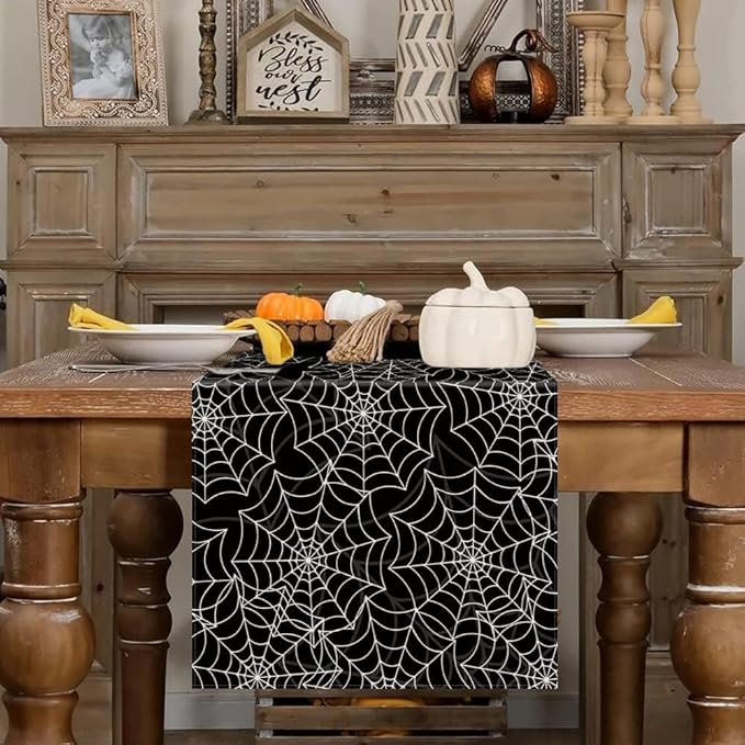 Halloween Table Runner Spider Web Black Linen Table Runners for Seasonal Holidays Indoor Outdoor Kitchen Dining Party Home Decor 13 x 48 Inch