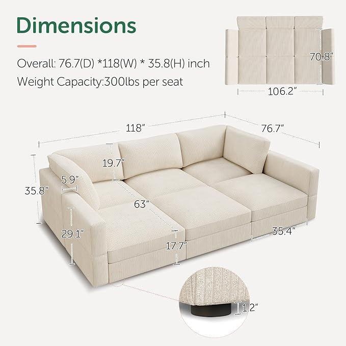 HONBAY Modular Sectional Sofa with Storage Corduroy Sectional Sleeper Sofa Modular Sectional Couches for Living Room,Beige