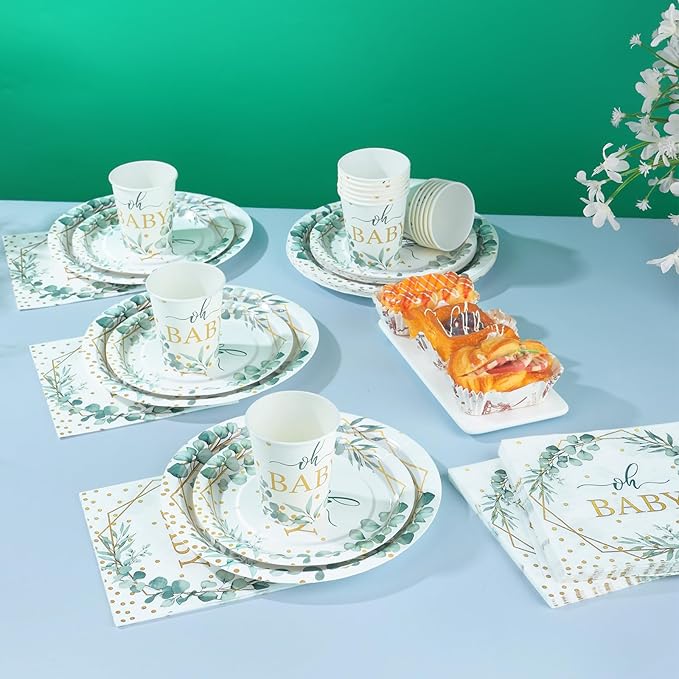 350 Pcs Sage Green Baby Shower Decorations, Baby Shower Plates and Cups and Napkins Sets Serves 50, Oh Baby Plates with Gold Dots for Boho Baby Girl Boy Neutral
