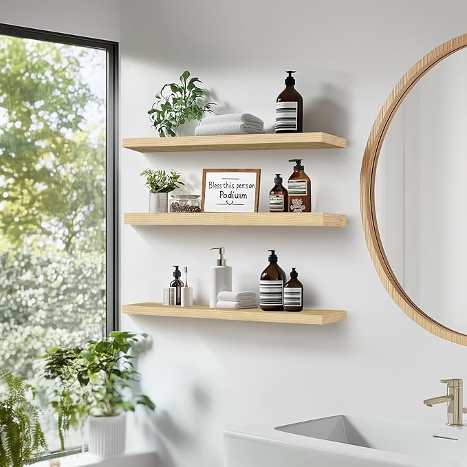 Floating Wall Shelves 3-Pack - 24-Inch Rustic Wooden Shelves for Storage and Décor, Easy Installation for Living Room, Bedroom, and Kitchen