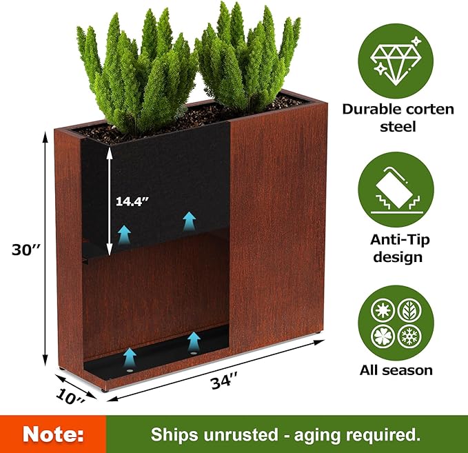 Large Corten Steel Planter Box Outdoor, 30" H x 34" W x 10" D,Tall Rectangular Metal Rusted Planters with Grow Bag,Naturally Rusting Steel Flower Pot,Rustic Décor for Patio,Garden,Deck,Backyard