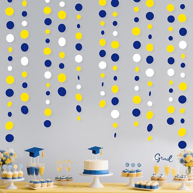 46Ft Navy Blue and Yellow Circle Dots Garland Royal Blue Yellow White Hanging Paper Polka Dot Streamer for Graduation Birthday Wedding Bridal Baby Shower Nautical Ahoy Achor Party Decorations Supplies