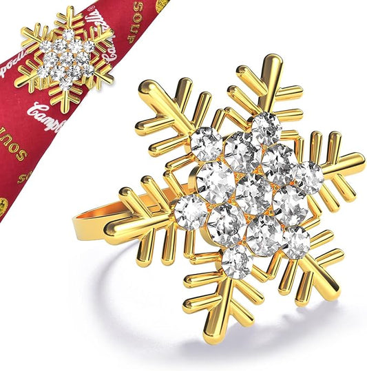 Halatool Set of 6 Christmas Napkin Rings Gold Snowflake with White Rhinestone Napkin Holder for Christmas Thanksgiving Holiday Party Table Decoration