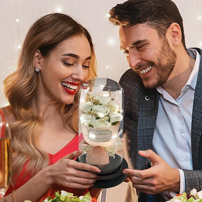 Gift for Her Forever Flower Bouquet for Delivery Prime Preserved White Roses Glass Dome LED Light 100 Languages I LOVE YOU Necklace Mothers Day Birthday Romantic Valentines Gift for Wife Women Mom