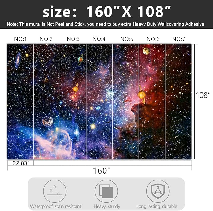 '-Galaxy Universe Planet Ceiling Fabric Wallpaper Boys Girls Nursery Starry Sky Children Bedroom Bathroom Large Mural- 160"x108"（ not Peel and Stick）