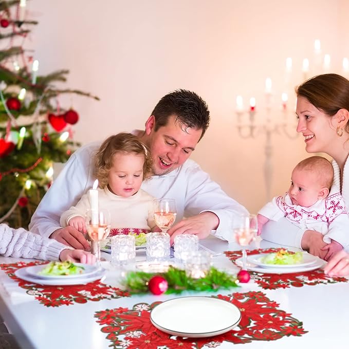 6 Pcs Embroidered Christmas Placemats - Holiday Applique Poinsettia Red Placemats - 11 x 17 Inch