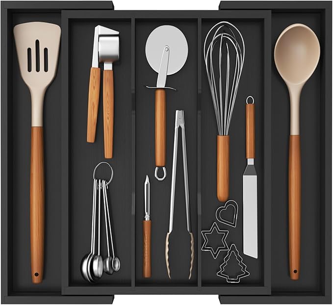 Lifewit Utensil Organizer for Kitchen Drawer, Expandable Cooking Utensil Tray, Bamboo Cutlery Silverware Flatware Holder, Adjustable Spatula Tools and Gadgets Storage Divider, Large, Black