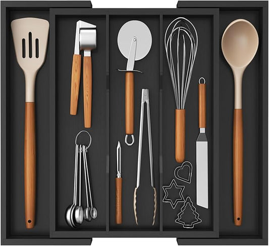 Lifewit Utensil Organizer for Kitchen Drawer, Expandable Cooking Utensil Tray, Bamboo Cutlery Silverware Flatware Holder, Adjustable Spatula Tools and Gadgets Storage Divider, Large, Black