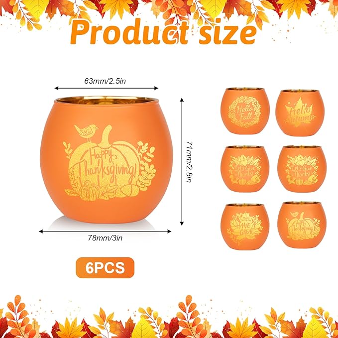 6 Pieces Thanksgiving Candle Holders Orange Pumpkin & Leaf Engraved Tealight Holders for Fall Table Centerpieces, Wedding & Home Decor Indoor and Outdoor