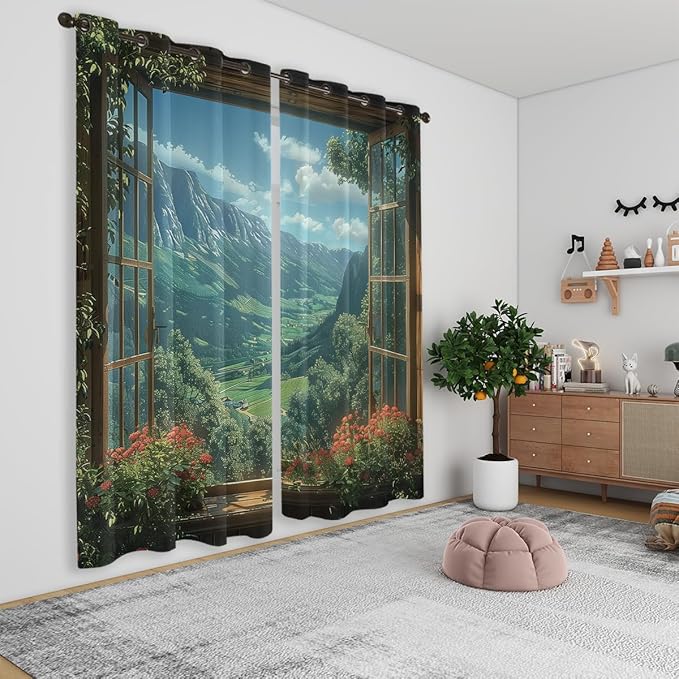 Mountain Blackout Curtains for Girls Boys Teens Home Decor, Spring Sky View Nature Forest Flower Grommet Thermal Insulated Drapes Darkening Window Curtain for Bedroom Living Room, 72 x 63 Inch