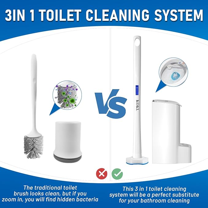 KOKL Disposable Toilet Brush, Toilet Bowl Cleaner Brush with 50PCS Toilet Brush Refills, Toilet Cleaner Refill Pads, Disposable Toilet Bowl Brush and Storage Caddy for Bathroom Cleaning(1-Set)