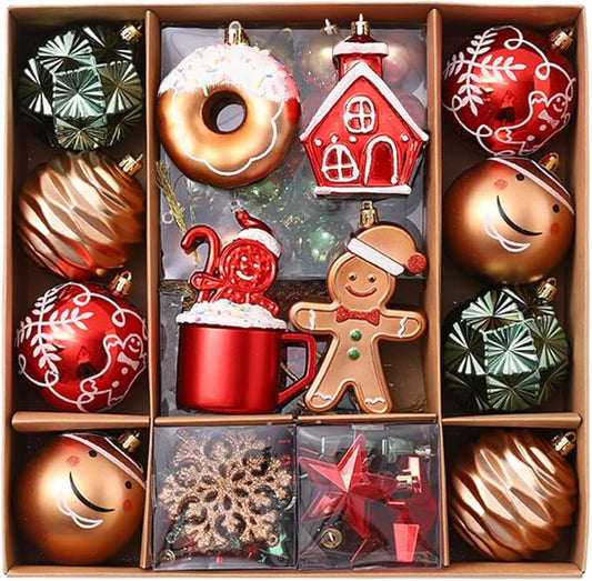 Gingerbread Man Christmas Tree Ball Ornaments Set - 72 ct Red Green Copper Gold Plastic Shatterproof Hanging Ornaments for Xmas Tree Indoor Outdoor Holiday Party Decorations