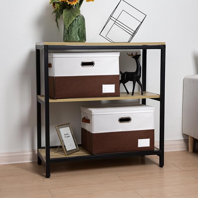 PRANDOM Foldable Storage Bins with Lids [3-Pack] Fabric Collapsible Storage Boxes Baskets Cubes Containers with Handles for Closet Living Room Bedroom (Brown & White 17.7x11.8x11.8'')