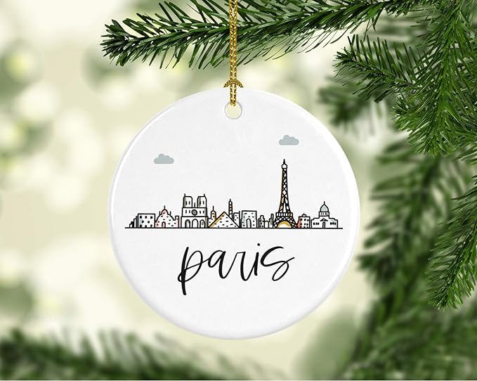 Andaz Press Round Ceramic Porcelain Christmas Tree Ornament Keepsake Gift, Paris, Colorful International City Skyline Graphic, 1-Pack, Birthday Ideas Family Coworker Him Her, Gift Box