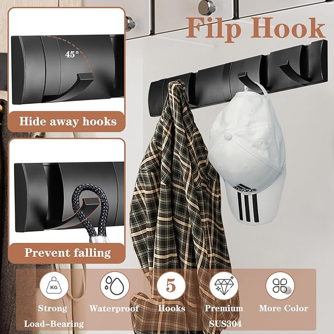 Folding Coat Hooks, Wall Mounted Coat Rack with 5 Retractable Hooks, Heavy Duty Towel Rack for Bathroom Wall Hook for Hanging Clothes Bathrobe, Stainless Steel Coat Hanger for Entryway(Black)