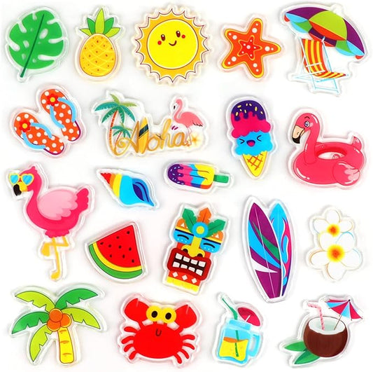 20 PCS Hawaiian Thick Gel Clings Summer Beach Window Gel Clings Decals Stickers for Kids Toddlers and Adults Home Airplane Classroom Nursery Hawaiian Party Supplies Decorations Removable and Reusable