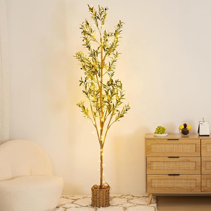 7ft Artificial Olive Tree with LED Fairy Lights & Woven Planter - Lifelike Faux Silk Plant with Realistic Leaves & Fruits and Natural Trunk for Indoor Home Office Living Room Bedroom Foyer Decor
