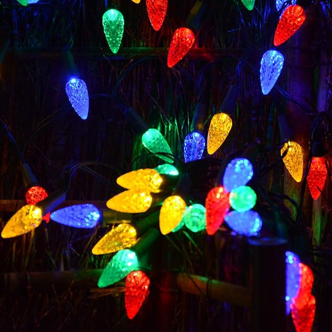 2 Pack Solar Christmas Lights Outdoor C6 Strawberry String Lights, LED Christmas Fairy Lights 50 LEDs Solar Operated Rechargeable Garden Lights for Christmas Tree, Arbor Decor (Multicolor, 8 Modes)