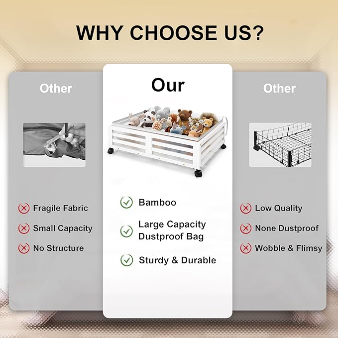 Under Bed Storage Containers With Wheels - 2 Pcs Bamboo Wood Rolling Underbed Shoe Storage Bins With Dust Bags for Clothes Blankets, Duvet Covers Snacks Toys (White)