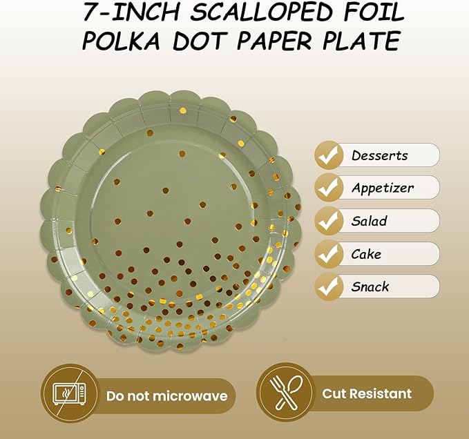 50PCS Sage Green Paper Plates, 7 Inch Scalloped Green and Gold Party Plates Disposable Foil Polka Dots Dessert Plate Cake Plate for Birthday, Baby Shower, Wedding, Bridal Shower St Patricks