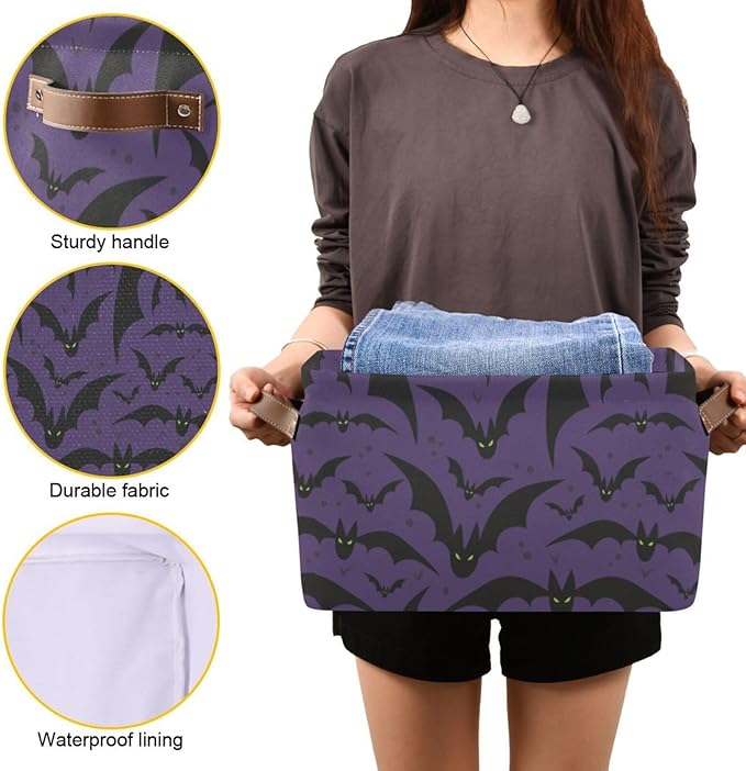 Storage Basket Bin Halloween with Bat Organizer Basket Collapsible Shelf Basket Cube with handle for Nursery Bedroom Bathroom