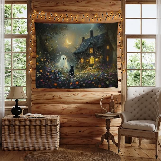 Halloween Black Cat and Ghost Tapestry Wall Hanging for Spooky Cute Bedroom Decor Dark Academia Moon Wildflower Cottage Tapestries Aesthetic for Home Living Room Decoration 30x40inch