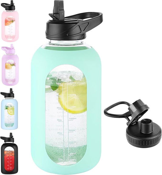 64 oz Glass Water Bottle With Straw and Handle, Half Gallon Sports Motivational Water Jug Flask with Silicone Sleeve, Large Water Cup with Time Marker for Travel, Gym, Seafoam