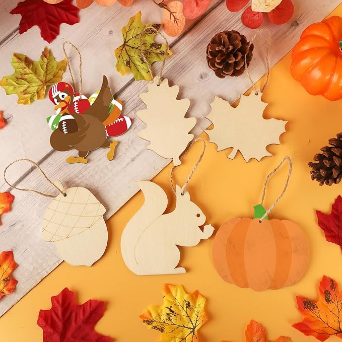 24 PCS Unfinished Wooden Thanksgiving Crafts, Pumpkin Turkey Shaped Hanging Ornaments DIY Wood Craft Cutouts for Thanksgiving Party Decor (Thankgiving)