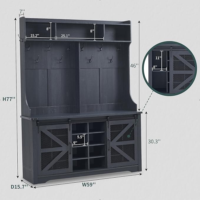 JXQTLINGMU 59" Farmhouse Hall Tree with Shoe Storage, Entryway Bench with 20 Cubbies, 12 Hooks & Sliding Barn Doors, Mudroom Coat Rack Cabinet, Black