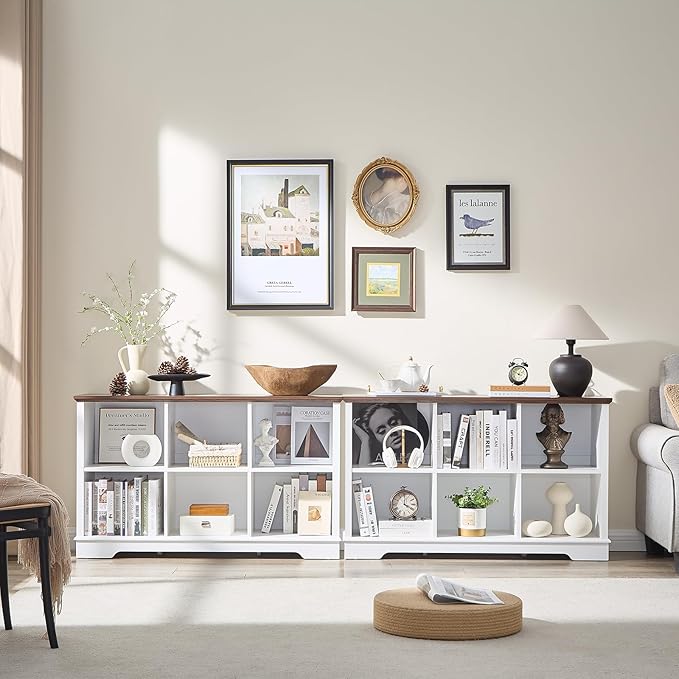 Farmhouse 6 Cube Bookshelf, White Storage Organizer Bookcase, Kids Toy Storage Cabinet, Long Bookshelves Storage Organizer Shelf, Wood Display Cabinet Book Shelves for Bedroom,Living Room,Office