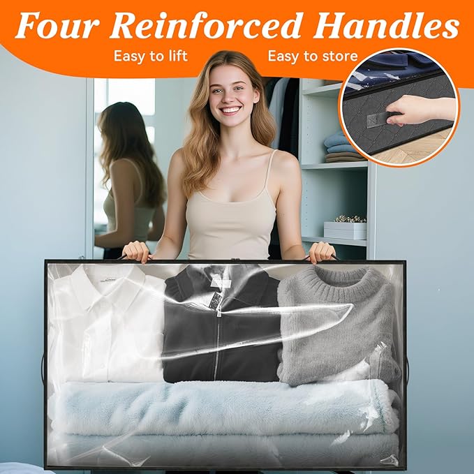 SpaceWhisper 90L Under Bed Storage Containers, 6-Pack Storage Bins with Clear Top, Foldable Closet Organizers and Storage with Label Holder for Clothing, Blankets, Comforter & Pillows (Grey)