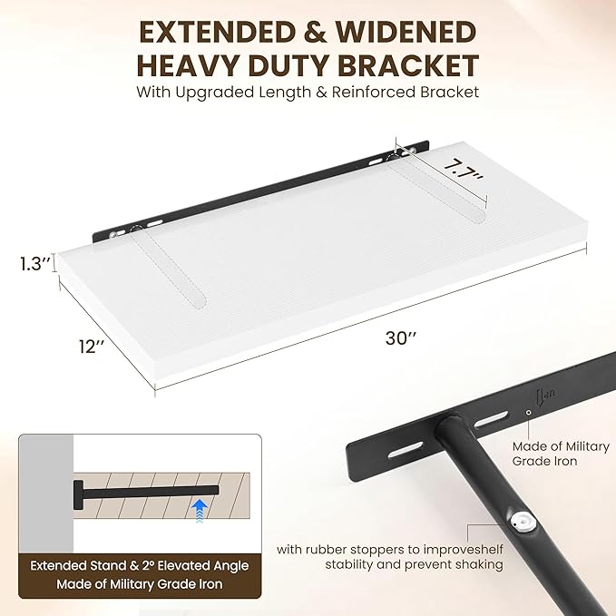 30" Floating Shelves for Wall, 12" Deep Slim White Floating Shelves, Wall-Mounted Shelves for Bedroom, Living Room, Kitchen, Bathroom - Set of 2