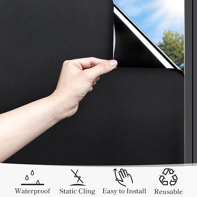 DUOFIRE Blackout Window Film Completely Light Blocking Privacy Window Film Room Darkening Frosted Tint Films for Day Sleep, Non Adhesive Static Cling Films DT-C009 (35.4 x 78.7 Inch)