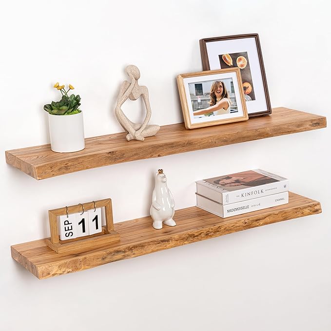 RICHFOCUS Live Edge Elm Floating Shelves - 40" W x 9.3" D Rustic Solid Wood Wall Shelves with Invisible Bracket, Wall-Mounted for Living Room, Bedroom, Kitchen Storage & Display, Set of 2, Natural