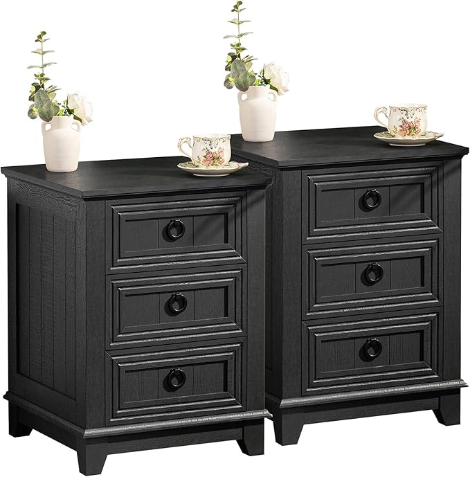 Farmhouse Night Stand Set of 2, 18" End Table with 3 Drawer Metal Handle, Dresser for Bedroom, Sofa Bed Side Table Chest of Drawers,Wood Nightstand Cabinet for Organizer, Living Room-Black