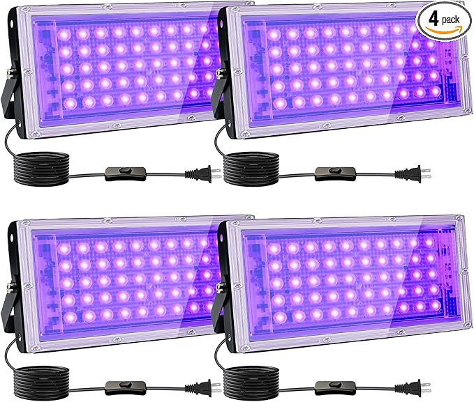 4 Pack 50W Black Lights, Blacklight Flood Light with Plug and Switch,for Glow Party, Halloween, Fluorescent Poster, Body Paint