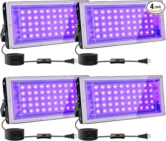 4 Pack 50W Black Lights, Blacklight Flood Light with Plug and Switch,for Glow Party, Halloween, Fluorescent Poster, Body Paint