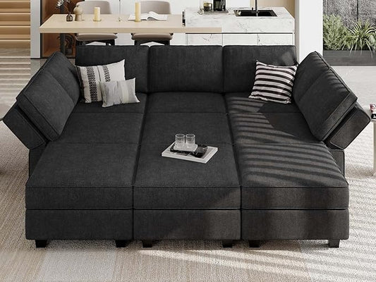 Belffin Modular Sectional Sleeper Sofa Couch with Storage Ottoman Convertible Sectional Couches for Living Room Terry Reversible Chaise. Black Sofa