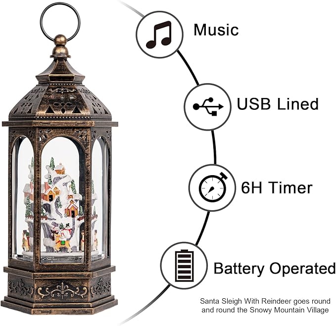 Animated Christmas Village Buildings with Moving Figurines Lighted Water Lantern, USB Lined/Battery Operated Snow Globe for Christmas Festival Decoration Gifts