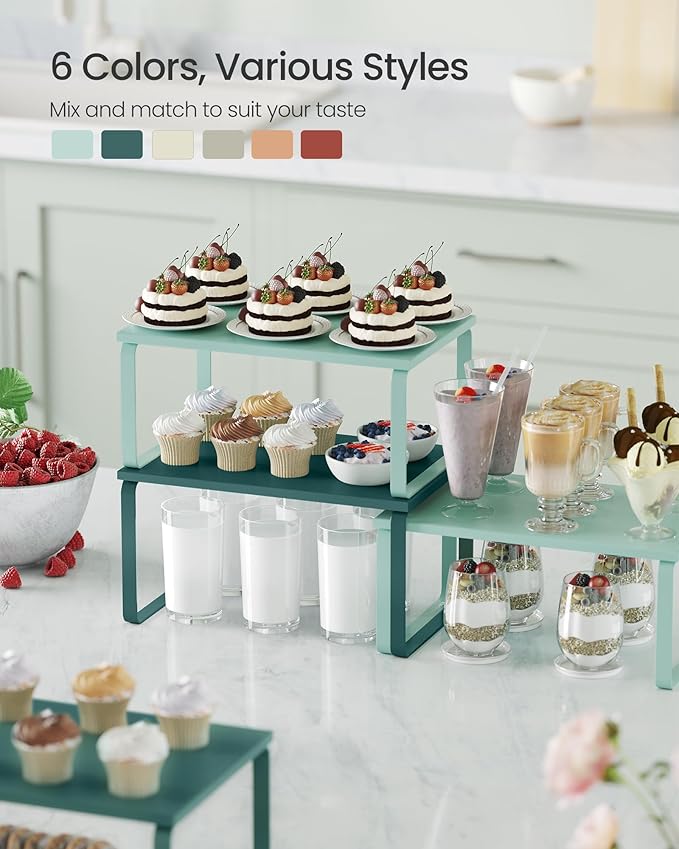 SONGMICS Cabinet Organizer Shelf, Set of 2 Kitchen Counter Shelves, Kitchen Storage, Spice Rack, Stackable, Expandable, Metal and Engineered Wood, Moonlight Green UKCS002C01