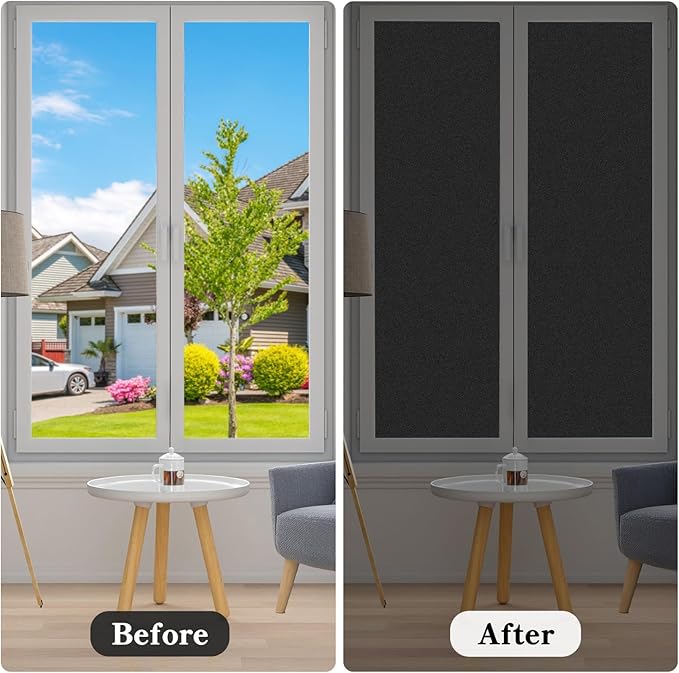 DUOFIRE Blackout Window Film Completely Light Blocking Privacy Window Film Room Darkening Frosted Tint Film for Day Sleep, Non Adhesive Static Cling Window Film DT-C009 (17.4 x 78.7 Inch)