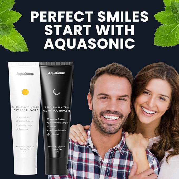 AquaSonic Complete Care Toothpaste - Refresh & Protect Day, Repair & Whiten Night - Fluoride Free Natural, Anti-cavity, Anti-plaque, Reharden, Strengthen, Whiten, Detoxify