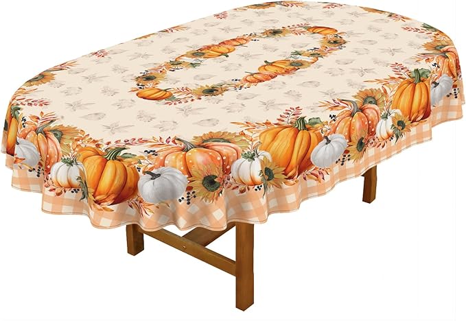 Fall Pumpkin Tablecloth Buffalo Plaid Thanksgiving Autumn Table Cloth 60"x120", Waterproof Fall Table Cover for Fall Harvest Party Decoration-Orange Pumpkin