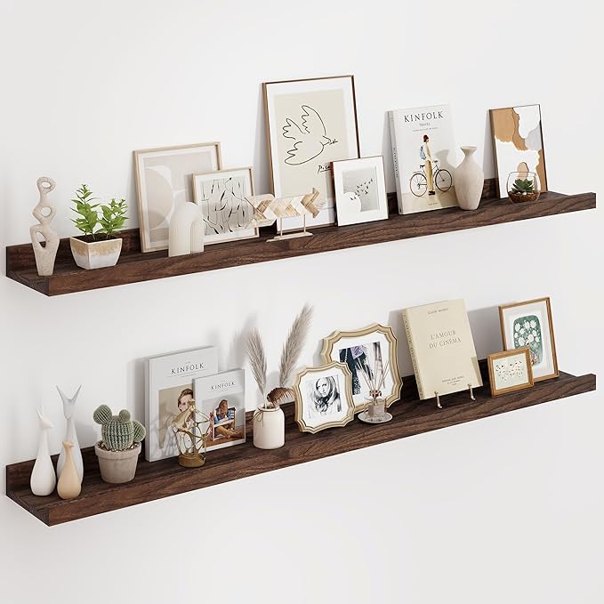 Floating Picture Ledge Shelves 55 Inch Solid Oak Wood Set of 2, Rustic Wall Storage Shelves with Lip, Kids Bookshelf, Photo & Picture Ledge Shelves for Bedroom, Living Room, Kitchen