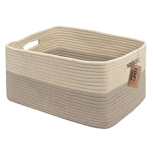 COMFY-HOMI Cotton Rope Woven Basket with Handles for Shelves,Toys,Book, Cloth Storage Baskets for Organizing-17" x 13" x 7.5" Toy Decorative Organizer for Living Room, Bathroom （Beige brown）